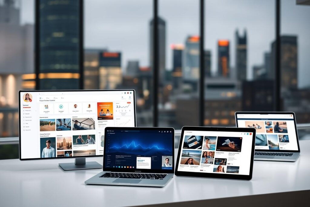 A content platform with a modern, minimalist design. A clean, well-organized dashboard in the foreground, displaying various content categories and analytics. In the middle ground, several laptops and tablets showcase different content layouts and user interfaces. The background features a blurred cityscape, suggesting a dynamic, tech-savvy environment. The lighting is soft and diffused, creating a professional, polished atmosphere. The overall scene conveys a sense of efficiency, user-friendliness, and technological advancement, suitable for a business-focused content platform. A content platform with a modern, minimalist design. A clean, well-organized dashboard in the foreground, displaying various content categories and analytics. In the middle ground, several laptops and tablets showcase different content layouts and user interfaces. The background features a blurred cityscape, suggesting a dynamic, tech-savvy environment. The lighting is soft and diffused, creating a professional, polished atmosphere. The overall scene conveys a sense of efficiency, user-friendliness, and technological advancement, suitable for a business-focused content platform.