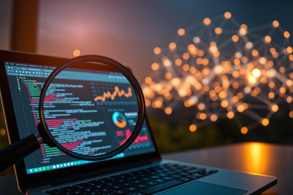 A digital landscape depicting search engine optimization strategies. In the foreground, a magnifying glass hovers over a laptop screen, illuminating a web page's code and analytics. In the middle ground, a colorful graph displays performance metrics, while in the background, a network of interconnected nodes and lines represents the complex algorithms driving online visibility. The scene is bathed in a warm, ambient light, conveying a sense of focus, efficiency, and the power of data-driven optimization. The composition should emphasize the technical and analytical aspects of SEO, reflecting the step-by-step approach to creating an effective institutional website. A digital landscape depicting search engine optimization strategies. In the foreground, a magnifying glass hovers over a laptop screen, illuminating a web page's code and analytics. In the middle ground, a colorful graph displays performance metrics, while in the background, a network of interconnected nodes and lines represents the complex algorithms driving online visibility. The scene is bathed in a warm, ambient light, conveying a sense of focus, efficiency, and the power of data-driven optimization. The composition should emphasize the technical and analytical aspects of SEO, reflecting the step-by-step approach to creating an effective institutional website.