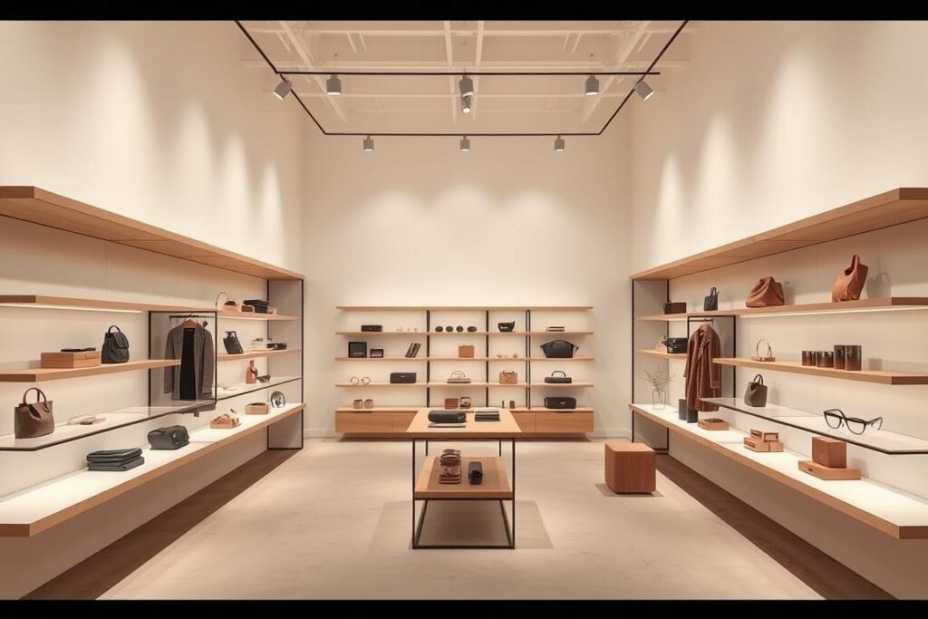 A modern and minimalist online store interior, showcasing a range of stylish products on clean, streamlined shelves. Soft, diffused lighting illuminates the scene, creating a warm and inviting atmosphere. The layout is uncluttered, with ample negative space to draw the viewer's eye to the featured items. The color palette is muted, with natural tones and materials like wood and metal, conveying a sense of sophistication and elegance. The overall composition emphasizes simplicity, functionality, and a seamless shopping experience for the customer. A modern and minimalist online store interior, showcasing a range of stylish products on clean, streamlined shelves. Soft, diffused lighting illuminates the scene, creating a warm and inviting atmosphere. The layout is uncluttered, with ample negative space to draw the viewer's eye to the featured items. The color palette is muted, with natural tones and materials like wood and metal, conveying a sense of sophistication and elegance. The overall composition emphasizes simplicity, functionality, and a seamless shopping experience for the customer.