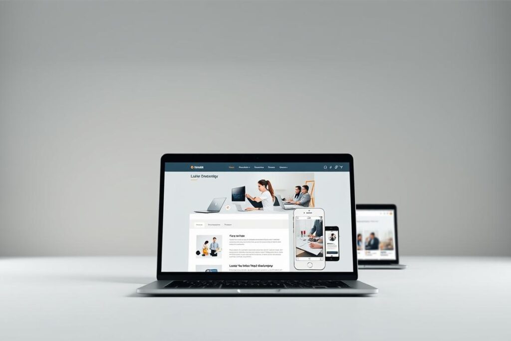A modern, responsive website design with a clean, minimalist layout. The foreground features a laptop display showcasing a well-organized, user-friendly interface with clear navigation and intuitive interactions. The middle ground depicts various digital devices such as smartphones and tablets, seamlessly integrated into the design, highlighting the website's adaptability across platforms. The background presents a subtle, geometric pattern in muted colors, creating a professional and sophisticated ambiance. The lighting is soft and diffused, emphasizing the digital nature of the scene. The overall atmosphere conveys a sense of efficiency, accessibility, and a strong digital presence for a company. A modern, responsive website design with a clean, minimalist layout. The foreground features a laptop display showcasing a well-organized, user-friendly interface with clear navigation and intuitive interactions. The middle ground depicts various digital devices such as smartphones and tablets, seamlessly integrated into the design, highlighting the website's adaptability across platforms. The background presents a subtle, geometric pattern in muted colors, creating a professional and sophisticated ambiance. The lighting is soft and diffused, emphasizing the digital nature of the scene. The overall atmosphere conveys a sense of efficiency, accessibility, and a strong digital presence for a company.