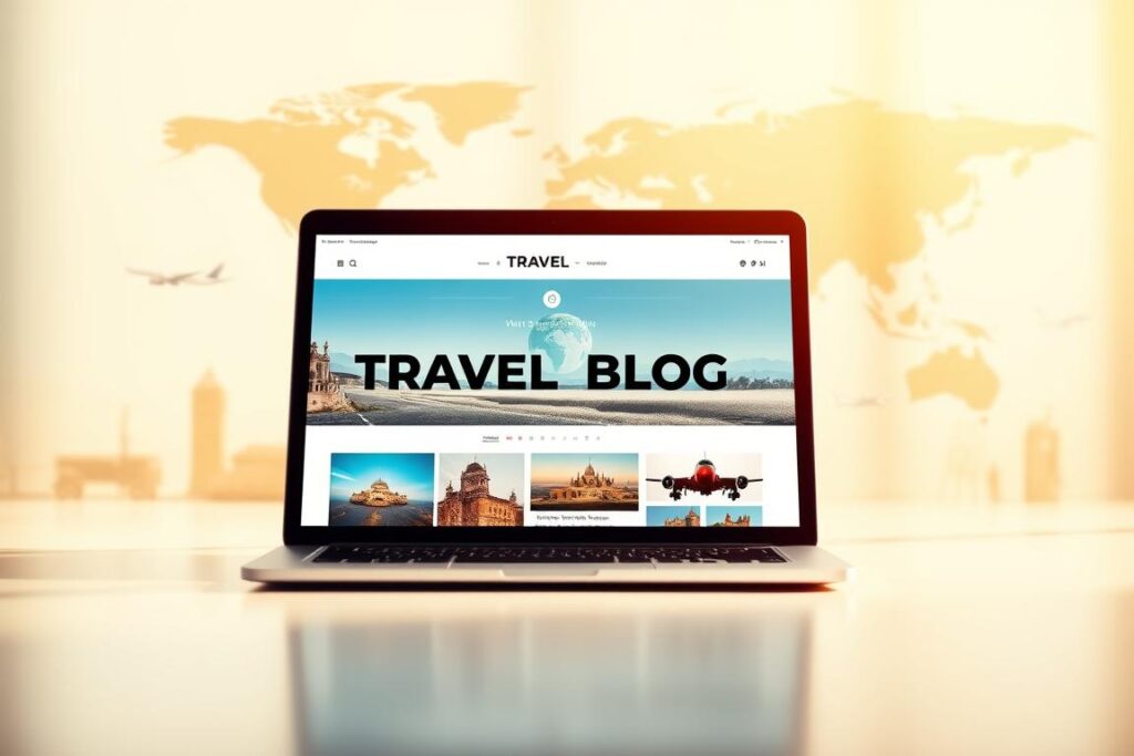 A vibrant travel blog concept with a clean, modern aesthetic. In the foreground, a laptop or tablet displays an elegant travel blog interface, showcasing vivid photography, minimalist typography, and a seamless user experience. The middle ground features a globe or map motif, hinting at the global reach and diverse content of the blog. In the background, silhouettes of planes, trains, and other modes of transportation suggest the adventurous spirit and exploration that the blog embodies. The lighting is warm and inviting, creating a sense of wanderlust and discovery. The overall composition conveys the professionalism, creativity, and inspiration inherent in a successful travel blog. A vibrant travel blog concept with a clean, modern aesthetic. In the foreground, a laptop or tablet displays an elegant travel blog interface, showcasing vivid photography, minimalist typography, and a seamless user experience. The middle ground features a globe or map motif, hinting at the global reach and diverse content of the blog. In the background, silhouettes of planes, trains, and other modes of transportation suggest the adventurous spirit and exploration that the blog embodies. The lighting is warm and inviting, creating a sense of wanderlust and discovery. The overall composition conveys the professionalism, creativity, and inspiration inherent in a successful travel blog.