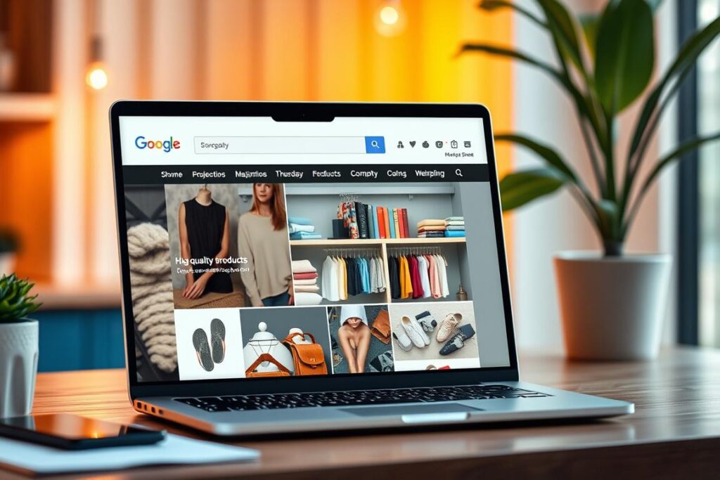 A visually captivating online store showcased on a sleek, modern-looking Google homepage. The storefront features high-quality product images, intuitive navigation, and a visually appealing layout that seamlessly integrates with the Google brand aesthetic. Warm, natural lighting illuminates the scene, creating a welcoming and inviting atmosphere. The overall composition emphasizes the ease and efficiency of setting up a virtual storefront to maximize sales and reach a wider customer base. A visually captivating online store showcased on a sleek, modern-looking Google homepage. The storefront features high-quality product images, intuitive navigation, and a visually appealing layout that seamlessly integrates with the Google brand aesthetic. Warm, natural lighting illuminates the scene, creating a welcoming and inviting atmosphere. The overall composition emphasizes the ease and efficiency of setting up a virtual storefront to maximize sales and reach a wider customer base.